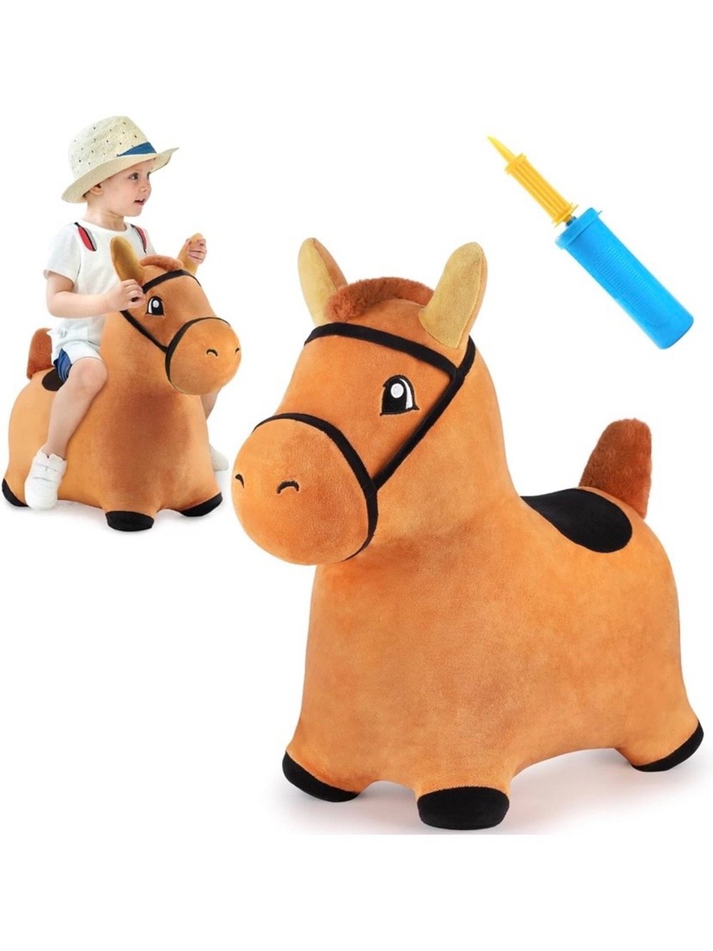 NEW-Inflatable Brown Ride-On Plush Horse Toy with Pump - Kids Toy